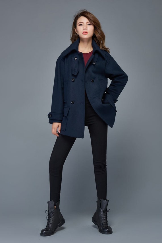Short coat wool coat navy blue coat winter jacket women