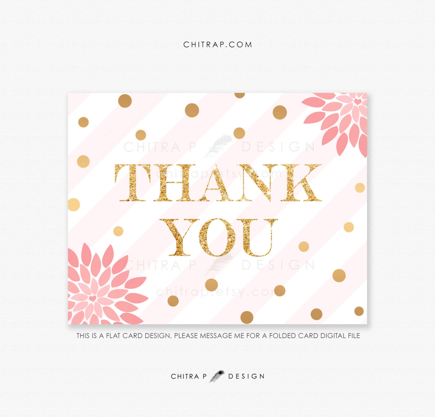 Pink Gold Thank You Card Printed or Printable Glitter