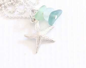 Sea Glass Jewelry, Silver Starfish Sea Glass Necklace, "Beach Glass Jewelry" Seaglass Summer Necklace