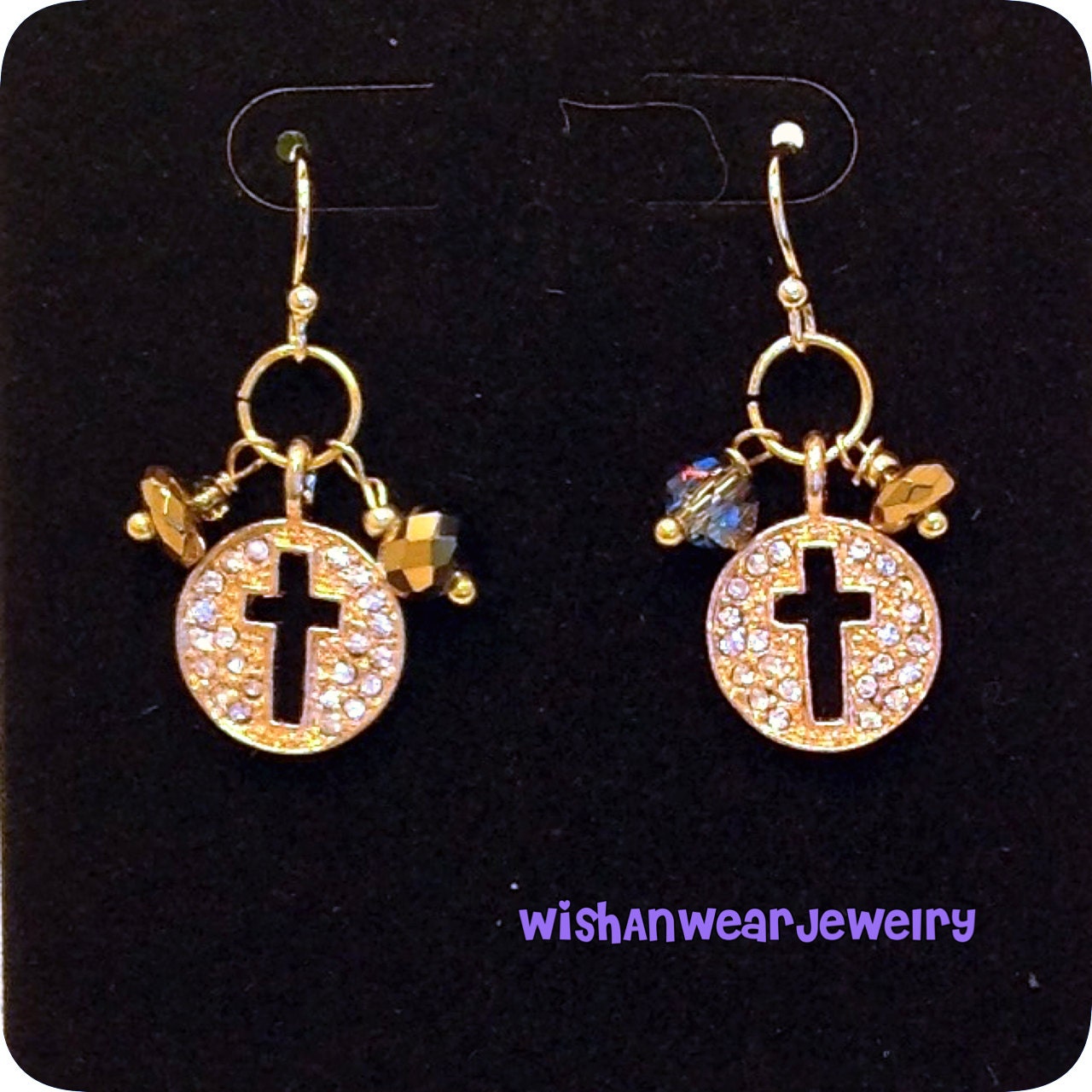 Dangling CZ CROSS Pierced Earrings Yellow Gold Faceted Beads