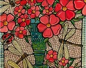 Red Flowers, Printable Flowers and Dragonflies. Wall art print. Digital Download art print, artwork Instant Download illustration print.