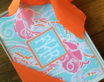 Set of 12, Pink and Aqua Jellyfish Monogrammed Stationery with Envelopes