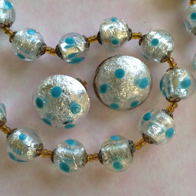 SALE Vintage Foil Glass Bead Necklace Earrings