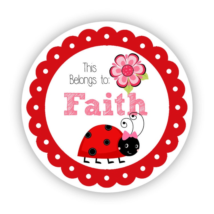 name tag stickers red black polka dot ladybug personalized