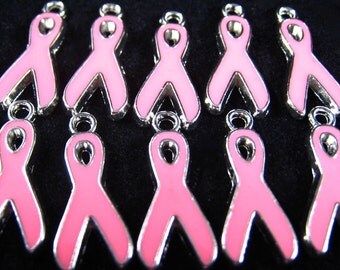 CLEARANCE Pink Enamel Breast Cancer Awareness Ribbon Charm Set of 10