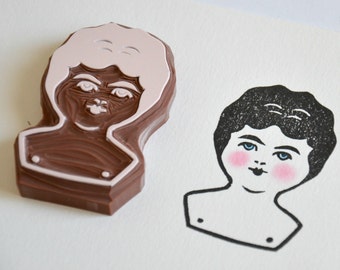 Hand Carved Rubber Stamp / Charlotte Doll Head / Eraser Stamp