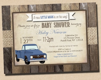 Rustic Baby Boy Shower Invitation in Baby Blue with Vintage Truck Blue - printable _1007