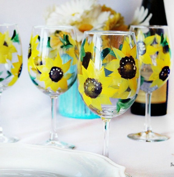 Sunflower Wine Glasses Hand Painted Set of 4 Sunflower Wine Glasses