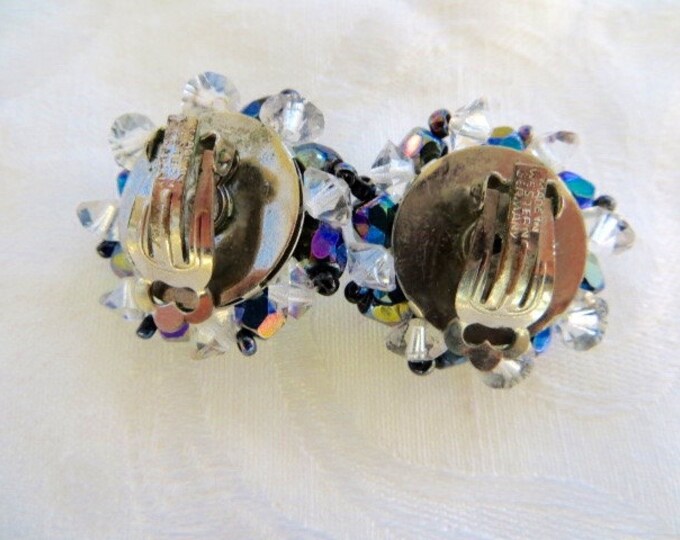 Vintage Clip Earrings West Germany Aurora Borealis Blue Purple 1950s Jewelry Mid Century Earrings