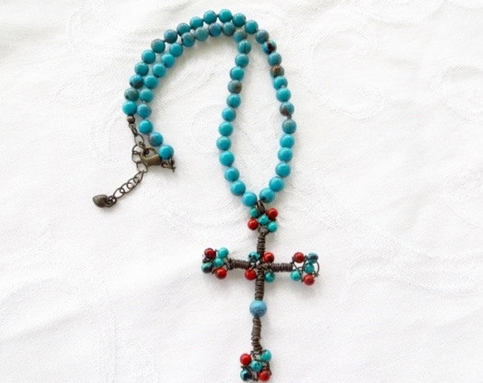 Vintage Cross Necklace, Turquoise and Coral, Beaded Southwest Style, Vintage Wire Cross, Boho Style