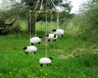 Sheep Mobile, 5 Hand Felted Sheep Baby Mobile, Farm Animal Nursery Decoration, Lamb mobile