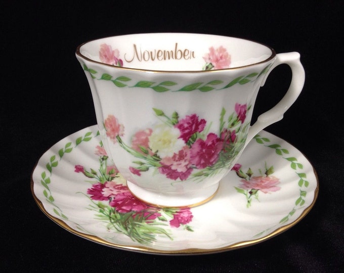 Flower of the Month Cup Saucer November, Golden Crown Tea Cup and Saucer, Vintage Teacup and Saucer, Bone China, Birthday Gift