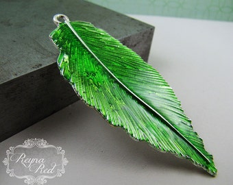 Silvertone & Bright Green Enamel Leaf Pendant, 1 pc, Spring, green pendant, foliage, jewelry making, beading, focals - reynaredsupplies