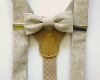 Boy toddler bow ties and suspenders, Khaki toddler boy Easter outfit, spring kids bow tie set, infant bow tie set - made to order
