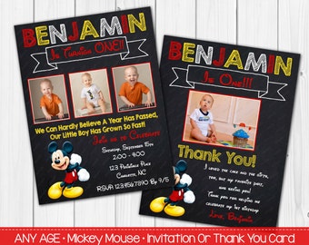 SALE - Chalkboard Mickey Mouse 1st Birthday Invitation OR Thank you card Digital File