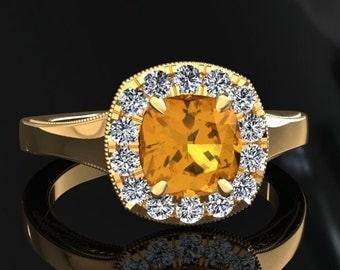 Yellow Sapphire Halo Engagement Ring Cushion Cut Yellow Sapphire Ring 14k or 18k Yellow Gold Matching Wedding Band Available SW20YSY