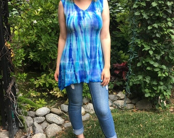 Plus Size Tank Top, Tank Tunic, Tie Dye, Tank Top, Plus Size Tie Dye Tank, Sleeveless Top, Blues, soft Green & White, S M XL 2X 3X, V Neck