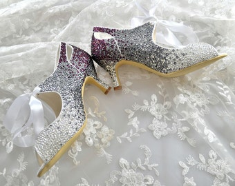 Custom Vintage Victorian style Purple Grey Swarovski Crystal ombre low mid heel bridal peeptoe satin ankle boot with satin ribbon tie-up