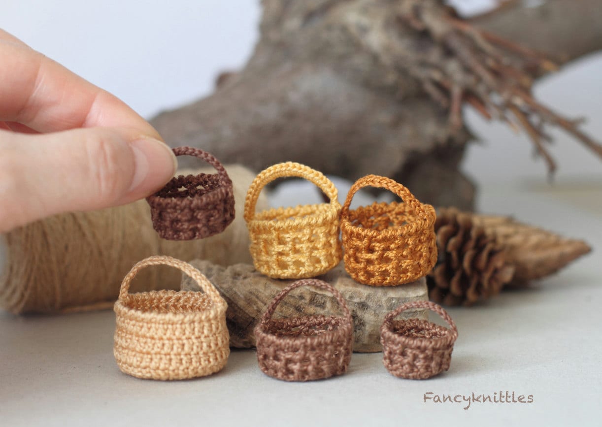 Miniature crochet basket with handle fairy garden dollhouse