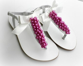 Wedding leather sandals White sandals decorated with white