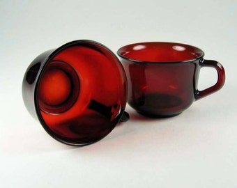 Arcoroc France Ruby Red Set of 2 Mugs Vintage Antique Housewares Retro Collectable Glass