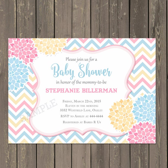 Chevron Baby Shower invitation, Modern Blooms Baby Shower Invitation in Pink Yellow and Blue, Gender neutral Shower, Printable or Printed Il_570xn