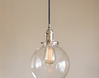 Clear Glass Globe Pendant Light Fixture with 8" Shade Hand Blown Glass