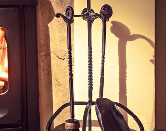 Ammonite Fire Tools Companion Set, Fire Poker, Brush and Dustpan, Hand Forged