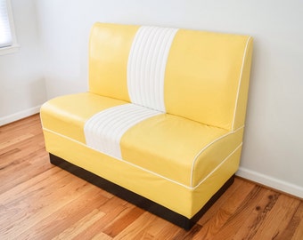 mid century sofa, loveseat, bench, fabulous mid century modern lemon yellow and white striped vinyl sofa bench, retro, vintage