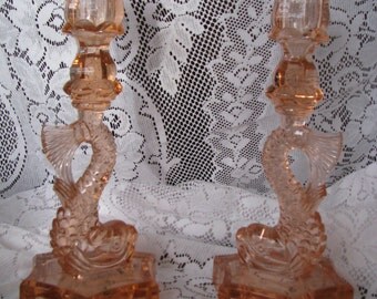 Pair of Vintage Westmoreland Pink Dolphin Candlesticks