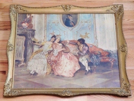 Early 20th Century Print Rococo Style Genre of an Old Master 19th Century European Artist Leopold Schmutzler Period Frame Cottage Chic