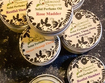 Solid Perfume OIls, Natural Perfume balms, fragranced with pure essential oils, blended with butters and waxes
