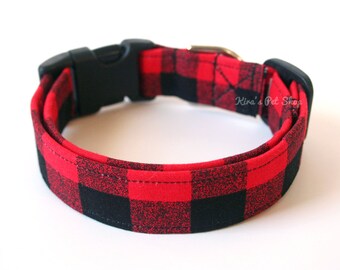 Buffalo Plaid Dog Collar, Red Plaid Dog Collar, Designer Dog Accessories, Pet Accessories, Adjustable Fabric Collar, Plastic Nickel Brass
