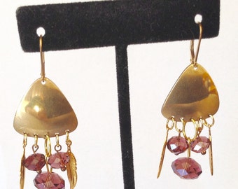 Gold Feather Earrings- Boho Dangle Earrings - Feather Charm Earrings -Brass Feather Earrings - Purple Crystal Earrings- Gift For Her- OOAK