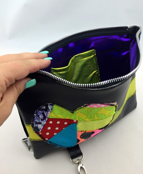 Black Faux Leather Fanny Pack/Utility Belt or Clutch w/ Patchwork Appliqué Heart and Purple and Neon Green Spandex interior by BandHäna