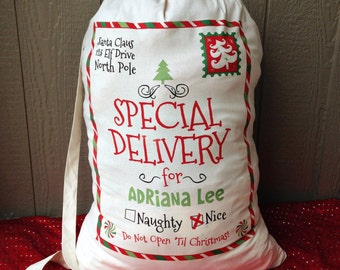 Personalized Santa Sack, Santa Sacks, Christmas Sacks, Christmas Stocking, Santa Claus Presents Bag, Add Your Child's Name