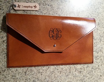 Leather monogram clutch purse, envelope purse, tote bag, initial purse, brown leather purse, personalized