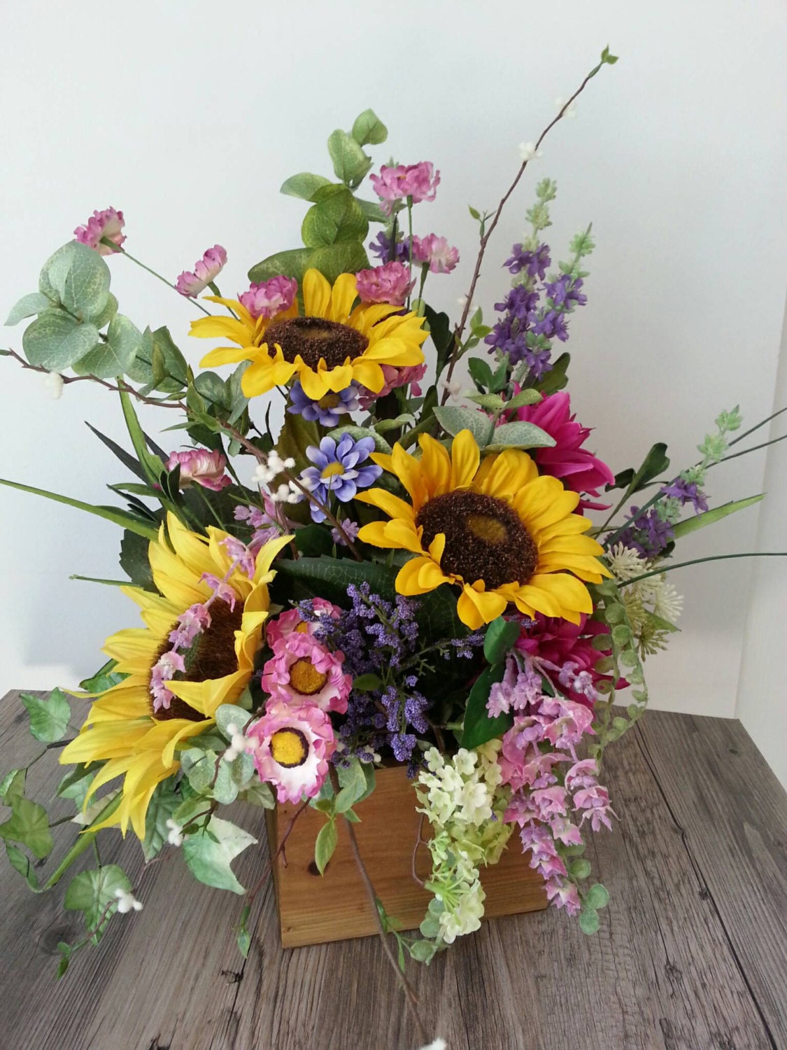 Silk Sunflower arrangement lavender mixed florals wooden