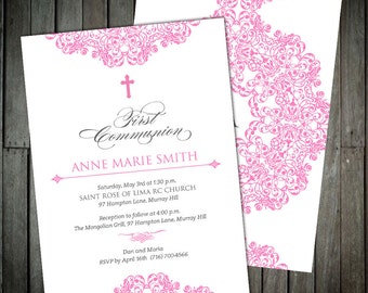 Modern Damask Medallion First Communion Invitations In Soft Pink