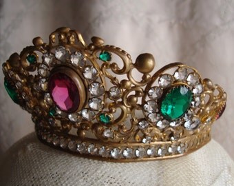 Antique French Napoleon III Virgin Or Saint Crown Tiara Gilt Pressed Metal Clear Backed Coloured Rhinestones Full Size Gypsy Reverie
