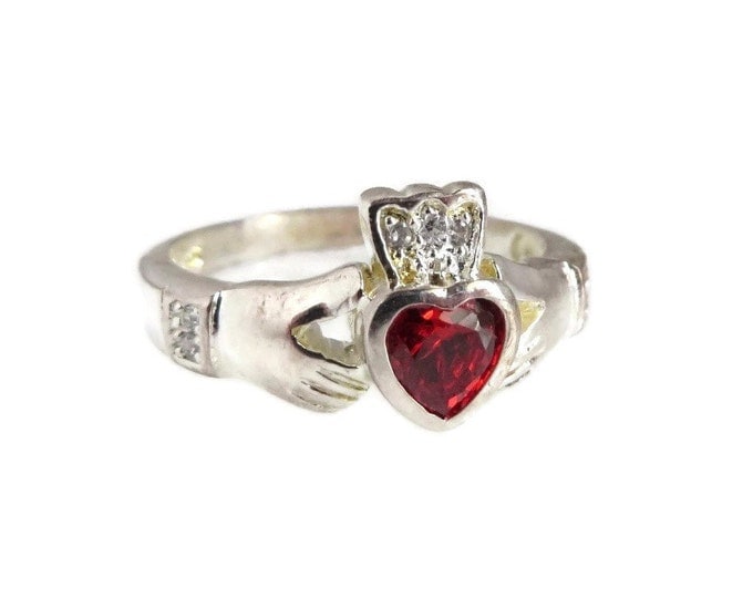 Irish Claddagh Ring, Vintage Sterling Silver and Garnet Ring, Size 8