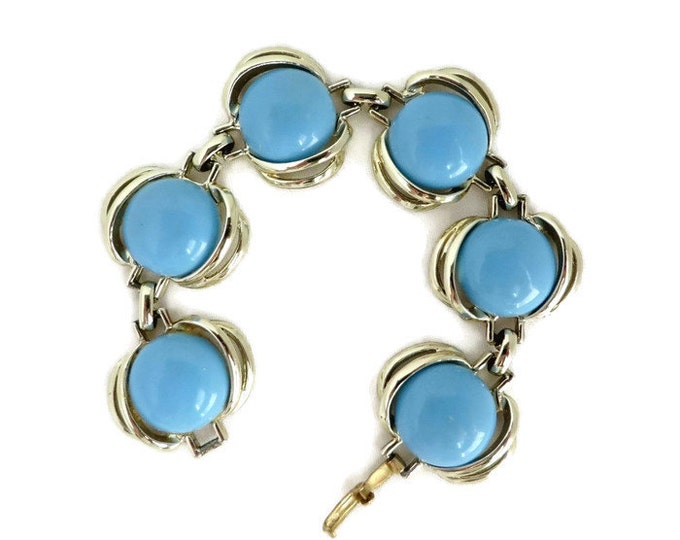 Aqua Blue Bracelet, Vintage Silver Tone Links Bracelet, Light Blue Discs Bracelet