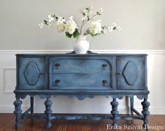 SOLD!!! CUSTOM FINISH for Christine - Hand Painted Cottage Chic Shabby Romantic Vintage Victorian Jacobean Antique Blue Sideboard Buffet