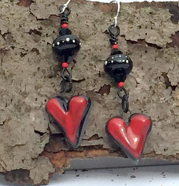 Glazed Rich Red Ceramic Heart Dangle Earrings