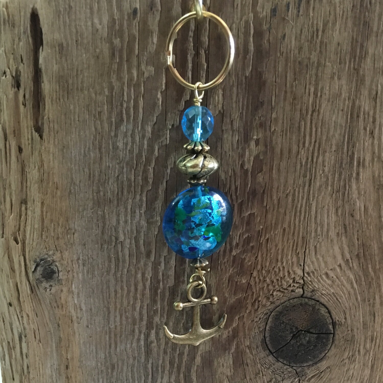 Handmade Beaded Charm Keychain Round Cobalt Blue Disc Confetti