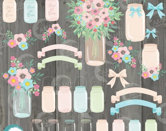Shabby Chic wedding clipart, Mason jar clipart, Shabby chic floral, save the date clipart, commercial use, AMB-966