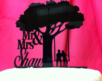 Surname Last Name Tree Silhouette Couple on a Swing Wedding Cake Topper MADE In USA…..Ships from USA