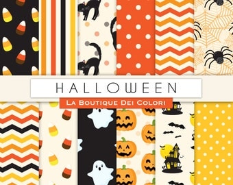 Orange and Black Halloween digital paper. Cute digital paper pack of Spooky backgrounds patterns for commercial use clipart