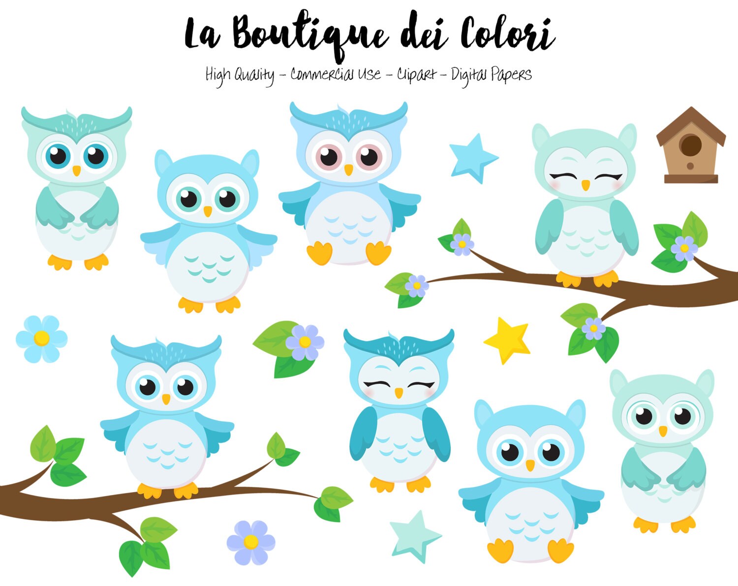 Blue Baby Owls Clipart Cute Digital Graphics PNG Birds