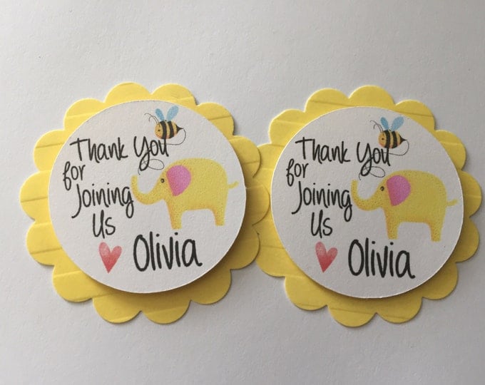 Set of 12 Thank You Tags Personalized. First Birthday Little Elephant Thank You Tags. In Yellow with Pink. Party Treat Tags. Favor Tags